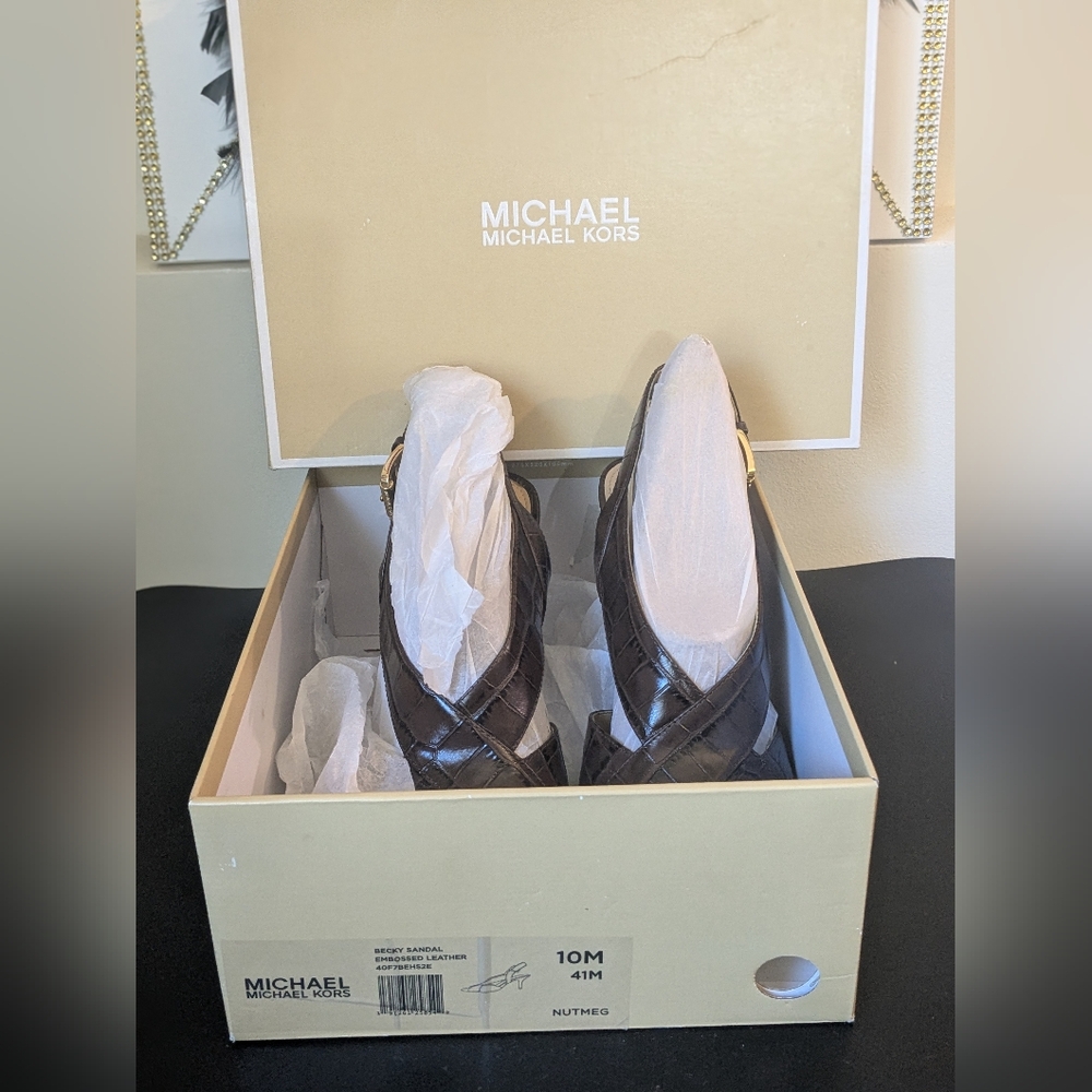 Michael Kors Womens Nutmeg Brown Becky Embossed Leather Sandal Heels - Picture 15 of 16